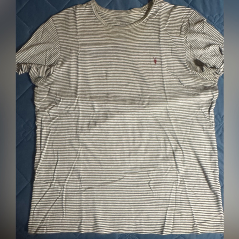 Used men’s black and white striped ALLSAINTS T-Shirt size large.
